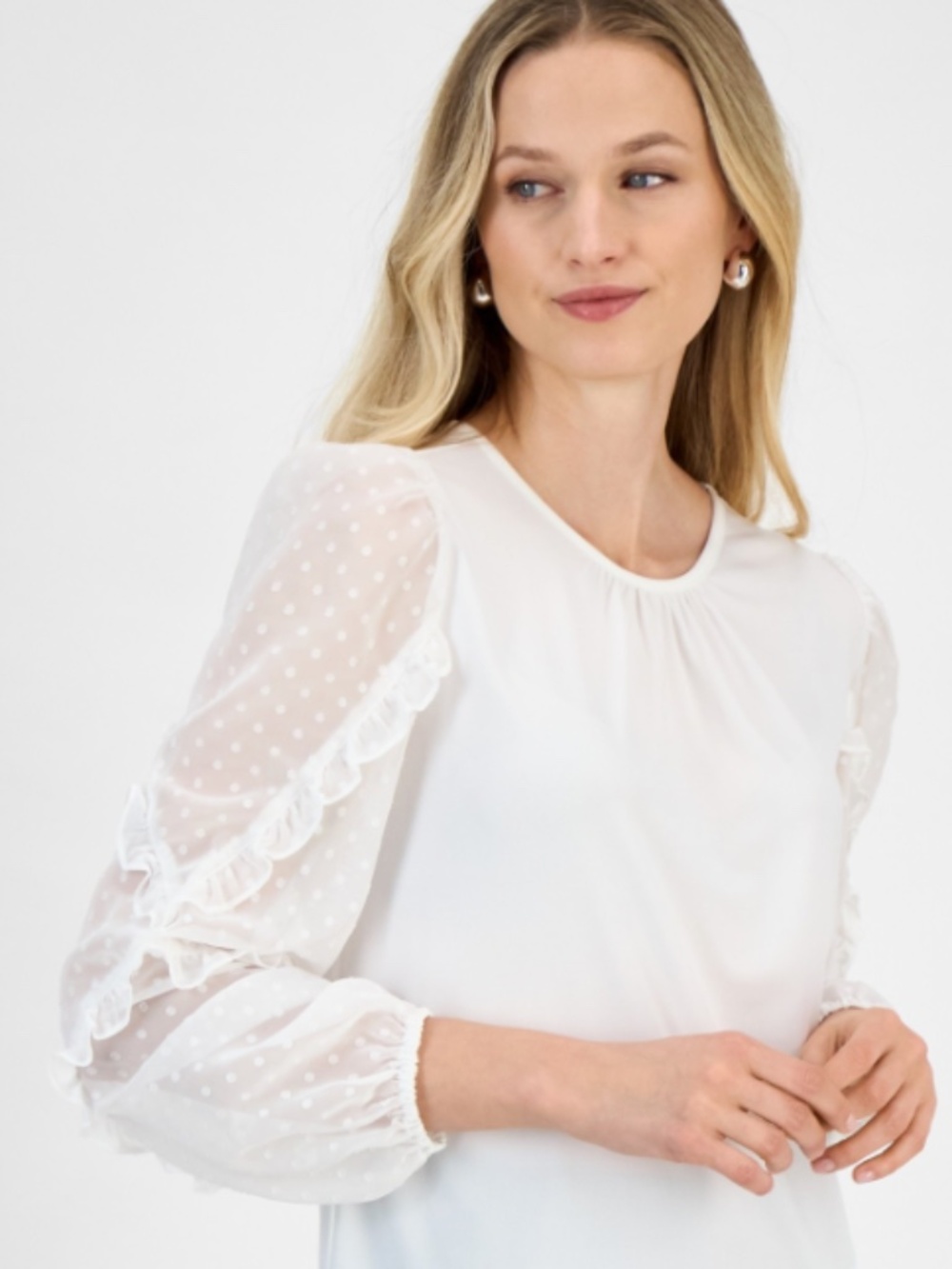 Kasper Clip Dot Sleeve Shirred Neck Blouse X-Large NWT